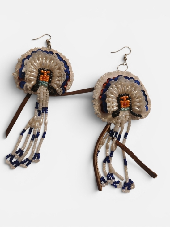 Handmade Jewelry - Handcrafted Vintage Native American Beaded Cream and Blue Fringe Earrings